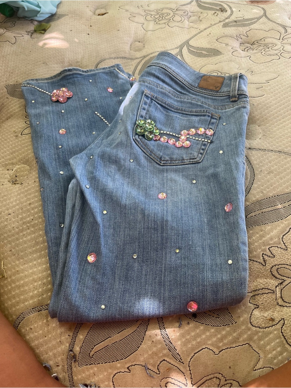 American Eagle Outfitters Light Blue Skinny Jeans with Pink & Green Rhinestones